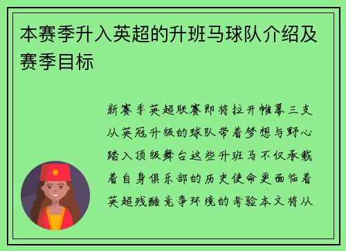 本赛季升入英超的升班马球队介绍及赛季目标