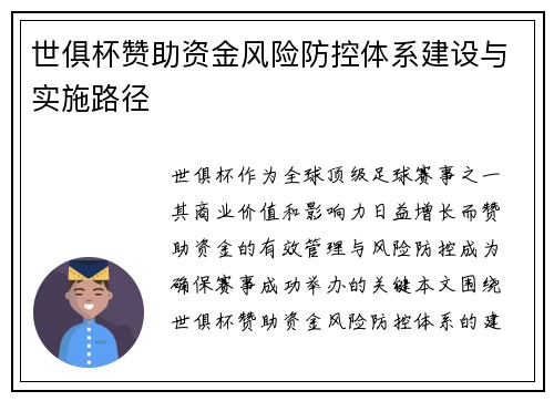 世俱杯赞助资金风险防控体系建设与实施路径