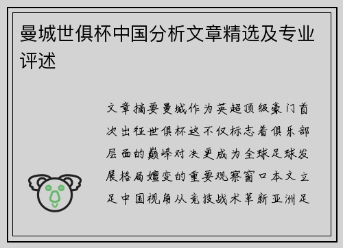 曼城世俱杯中国分析文章精选及专业评述