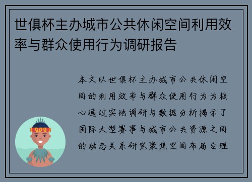 世俱杯主办城市公共休闲空间利用效率与群众使用行为调研报告